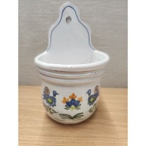 Vintage Hand Painted Salt Box Wall Pocket Terra Cotta, Bluebirds & Flowers 8"